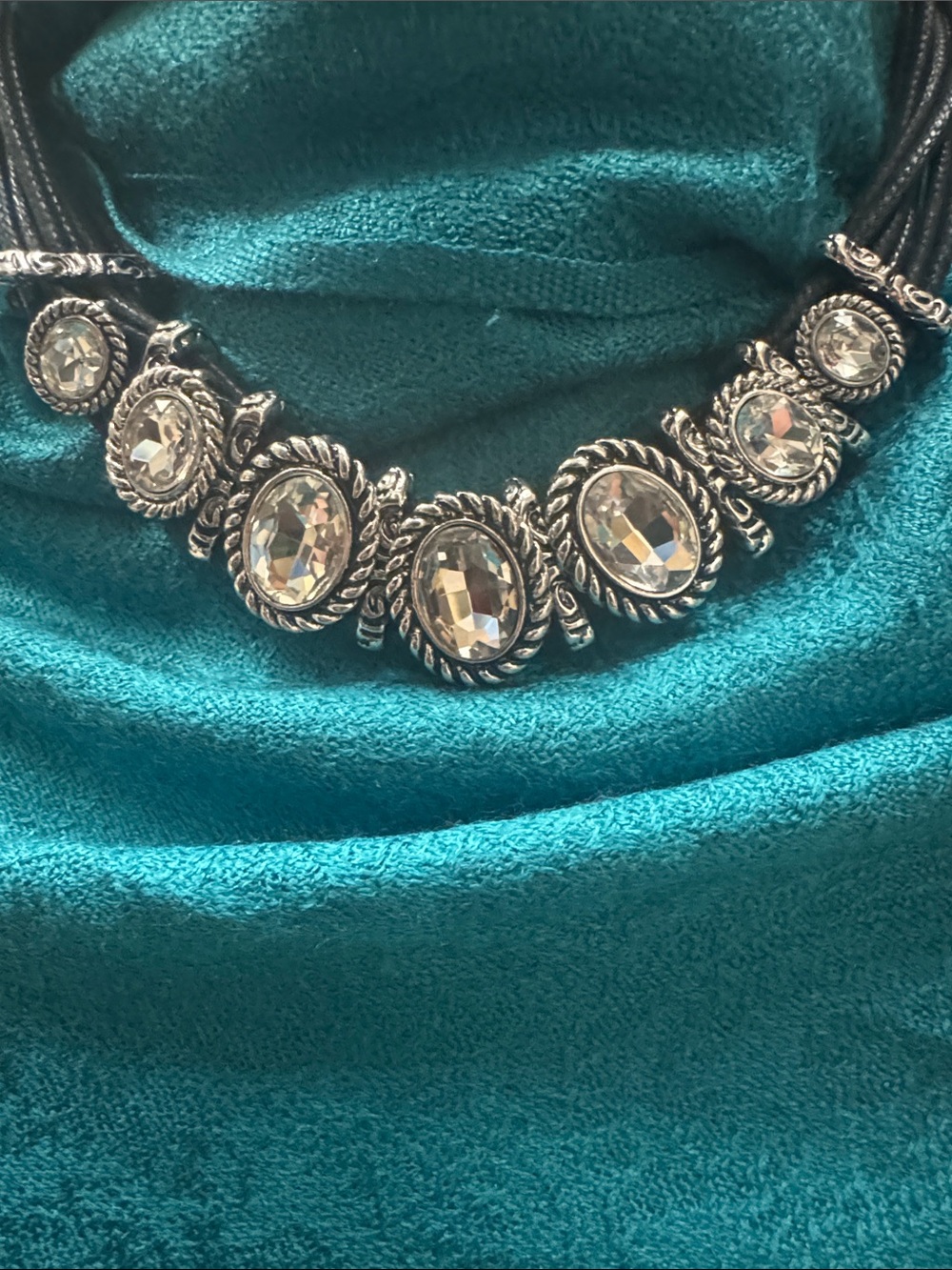 Black Multi-Strand Cord Rhinestone Statement Necklace - Picture 2 of 6